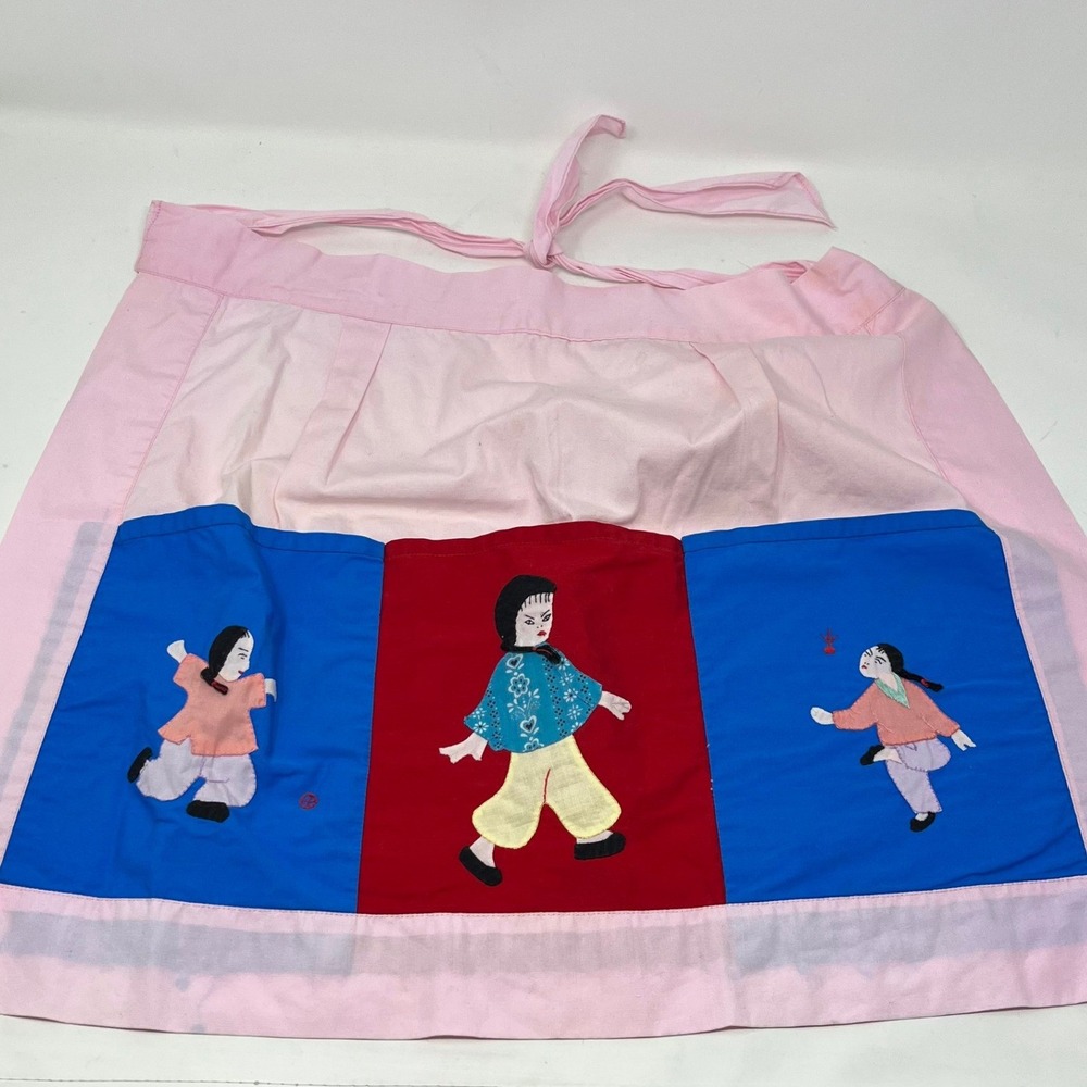 Vintage Pink Cotton‎ Half Apron Hand Stitched Applique Asian Figures 3 Pockets